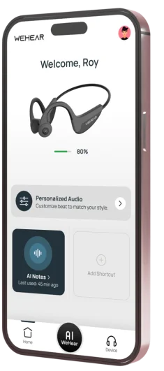 WeHear app — home screen with AI Notes shortcut