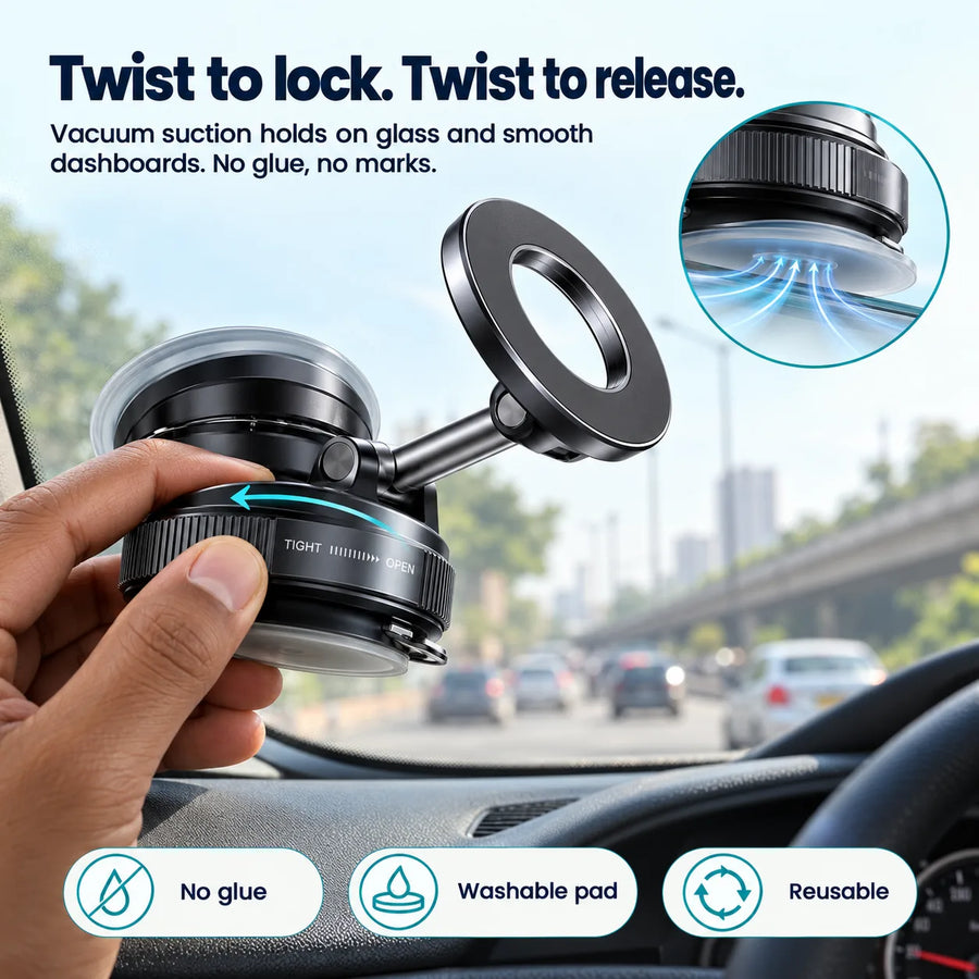 Twist-lock vacuum suction on a car windshield