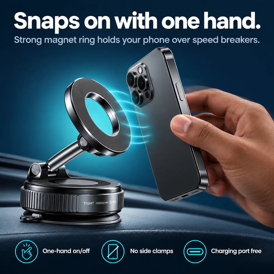 Phone snapping onto the magnetic mount with one hand