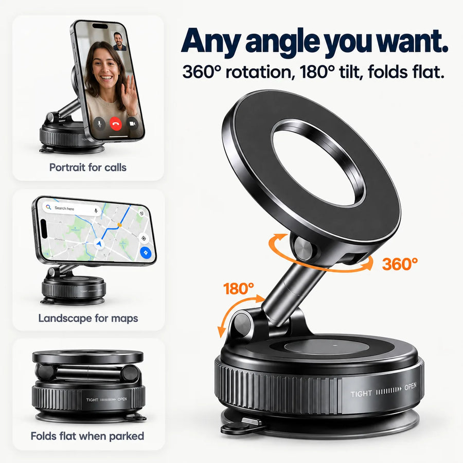 360 degree rotation, 180 degree tilt and folding arm