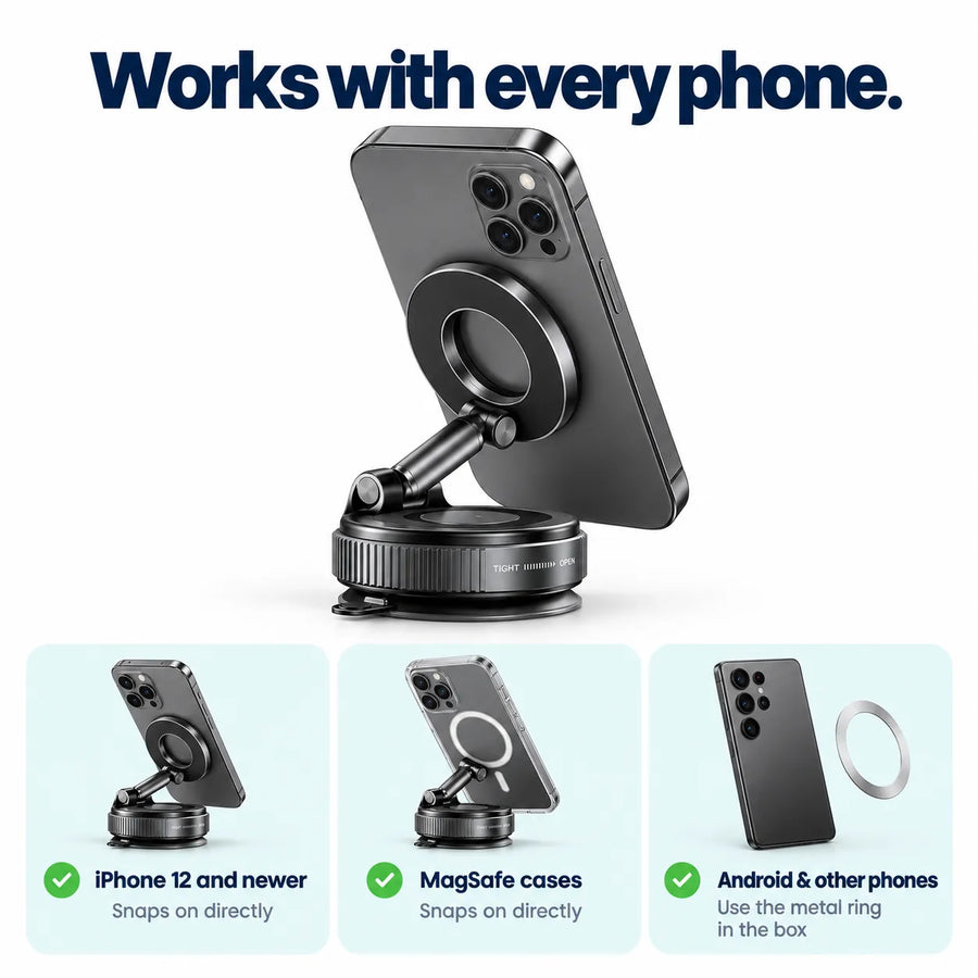 Works with iPhone, MagSafe cases and Android phones with the metal ring