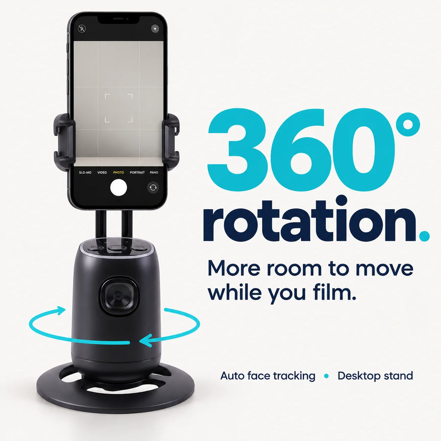 NG FollowMe 360 with phone mounted showing 360° auto rotation