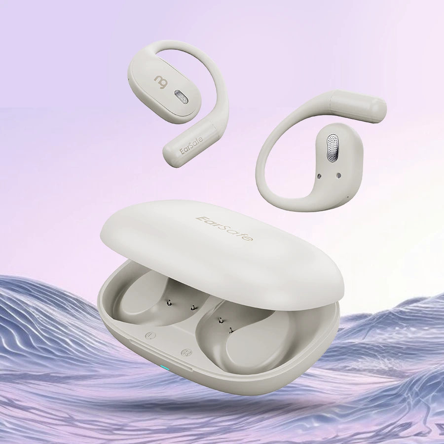 Open ear wireless earbuds in charging case with 9 plus 26 hours long battery life