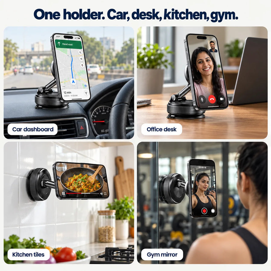 MagLock on a car dashboard, office desk, kitchen tiles and gym mirror