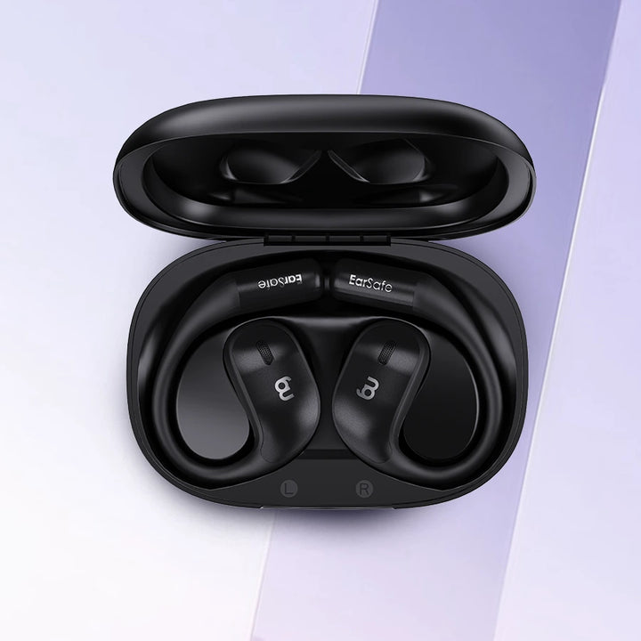 Open ear wireless earbuds in charging case with 9 plus 26 hours long battery life