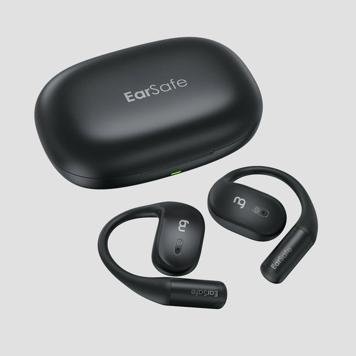 Open ear wireless earbuds in charging case with 9 plus 26 hours long battery life
